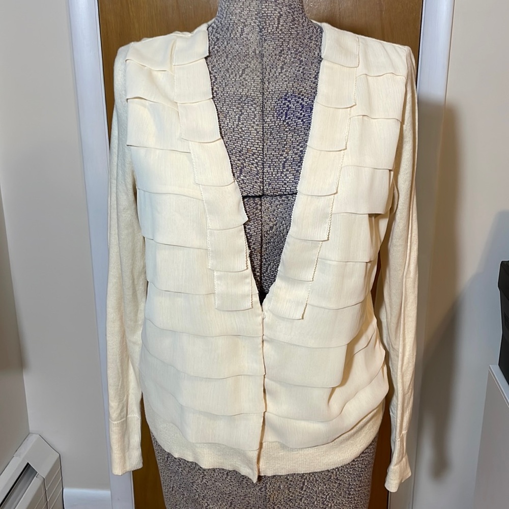 LOFT Womens Large Cream V-Neck Cardigan with Overlay Fabric Snap Closure